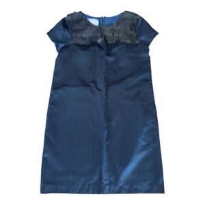 Vera Wang Sequined Party Dress Navy Blue Satin Midi With Black Sequin Neckline‎